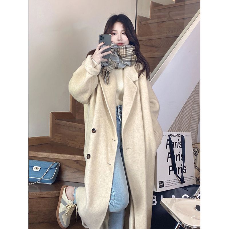 燕麦色双面呢子大衣女2025秋冬季新款韩系高级感气质毛呢外套上衣|undefined