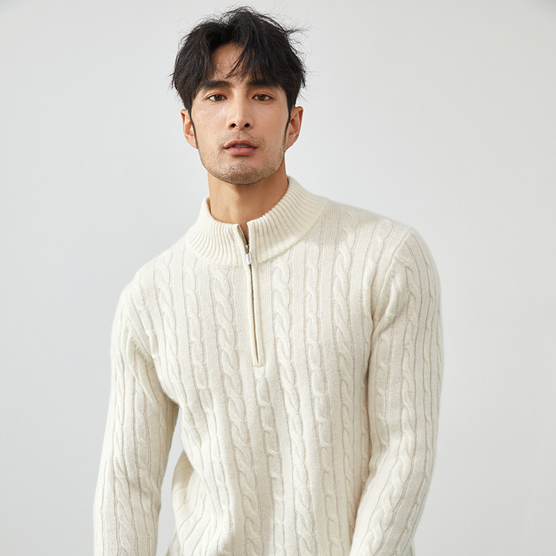 2026 Autumn/Winter 100% Pure Cashmere Sweater for Men, Half-Turtleneck, Thickened Jacquard Sweater with Zipper and Twisted Pattern, All Cashmere