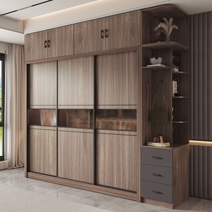 Nordic Style Walnut Color Wardrobe with sliding door Modern Simple Wooden Bedroom Household Economical Small Apartment Cabinet with Mobile Door
