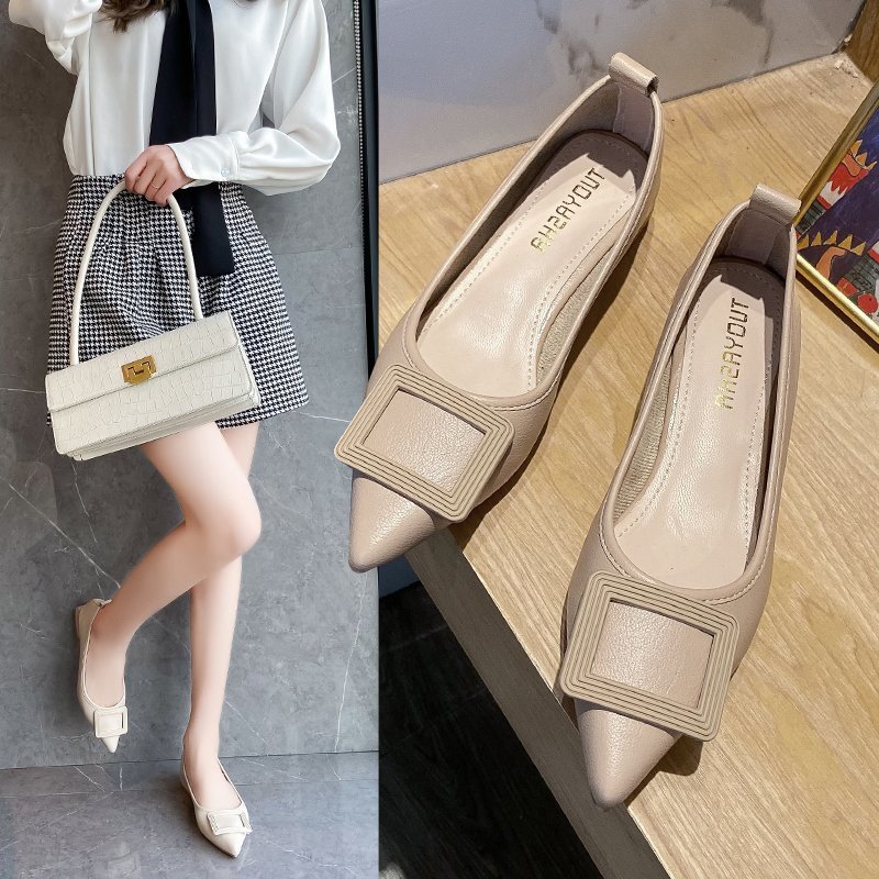 网红纯色皮面方跟鞋尖头职业低跟浅口女鞋瘦脚软皮粗跟工作单鞋|ms