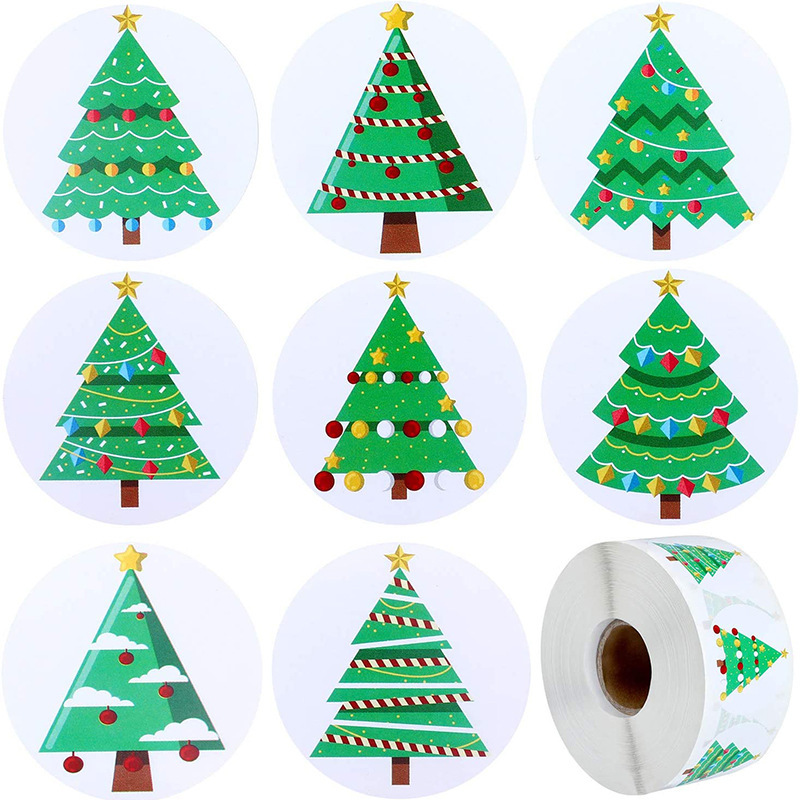 批发亚马逊速卖通8设计圣诞树贴纸不干胶自粘礼品标签
