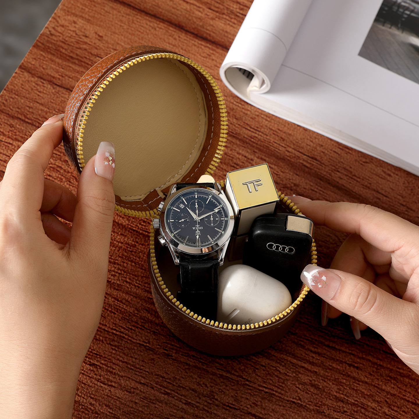 Bolsa de maquillaje de cuero retrógrado, bolso de cambio de lápiz labial, bolso de viaje portátil, barril de almacenamiento personalizado, mini bolso de cambio redondo