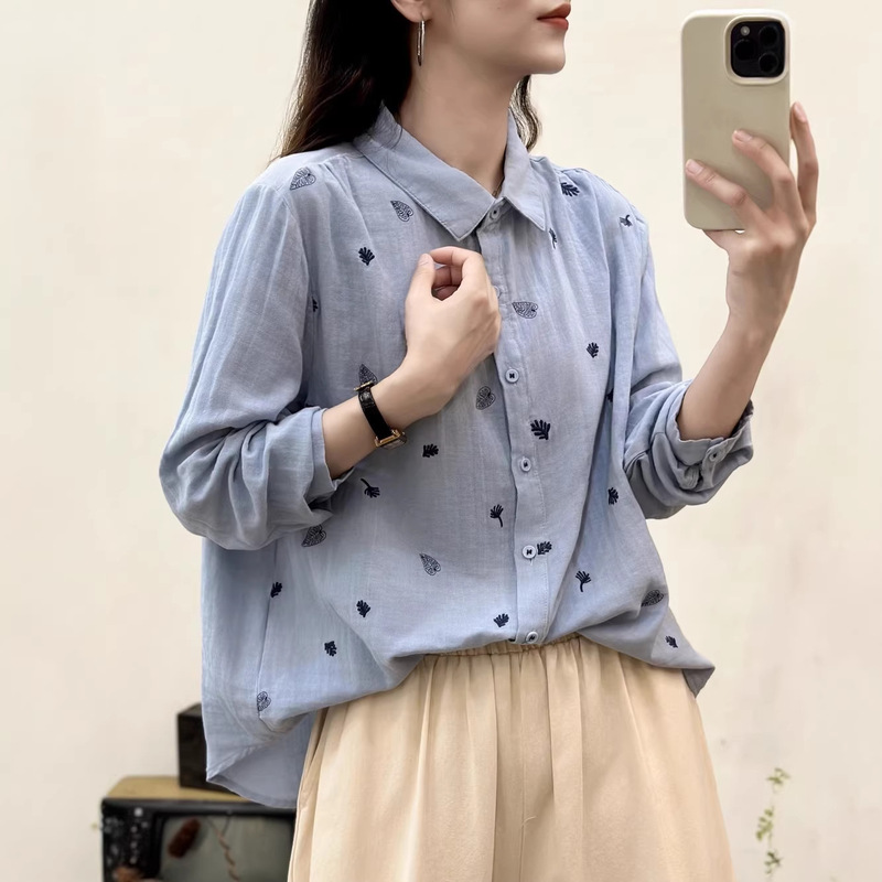 Elegant and Artistic Embroidered Soft Cotton Long-Sleeve Shirt for Women, 2026 Spring New All-Cotton Casual Cardigan Top Elegant and Artistic Embroidered Soft Cotton Long-Sleeve Shirt for Women, 2026 Spring New All-Cotton Casual Cardigan Top
