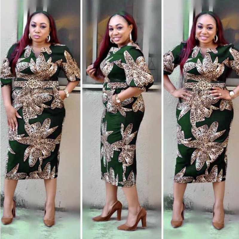 African Clothing Large Size Women's Leopard Print Dress Printed Slim-fit Hip Skirt Heap Sleeve Midi Skirt with Belt African Clothing Large Size Women's Leopard Print Dress Printed Slim-fit Hip Skirt Heap Sleeve Midi Skirt with Belt