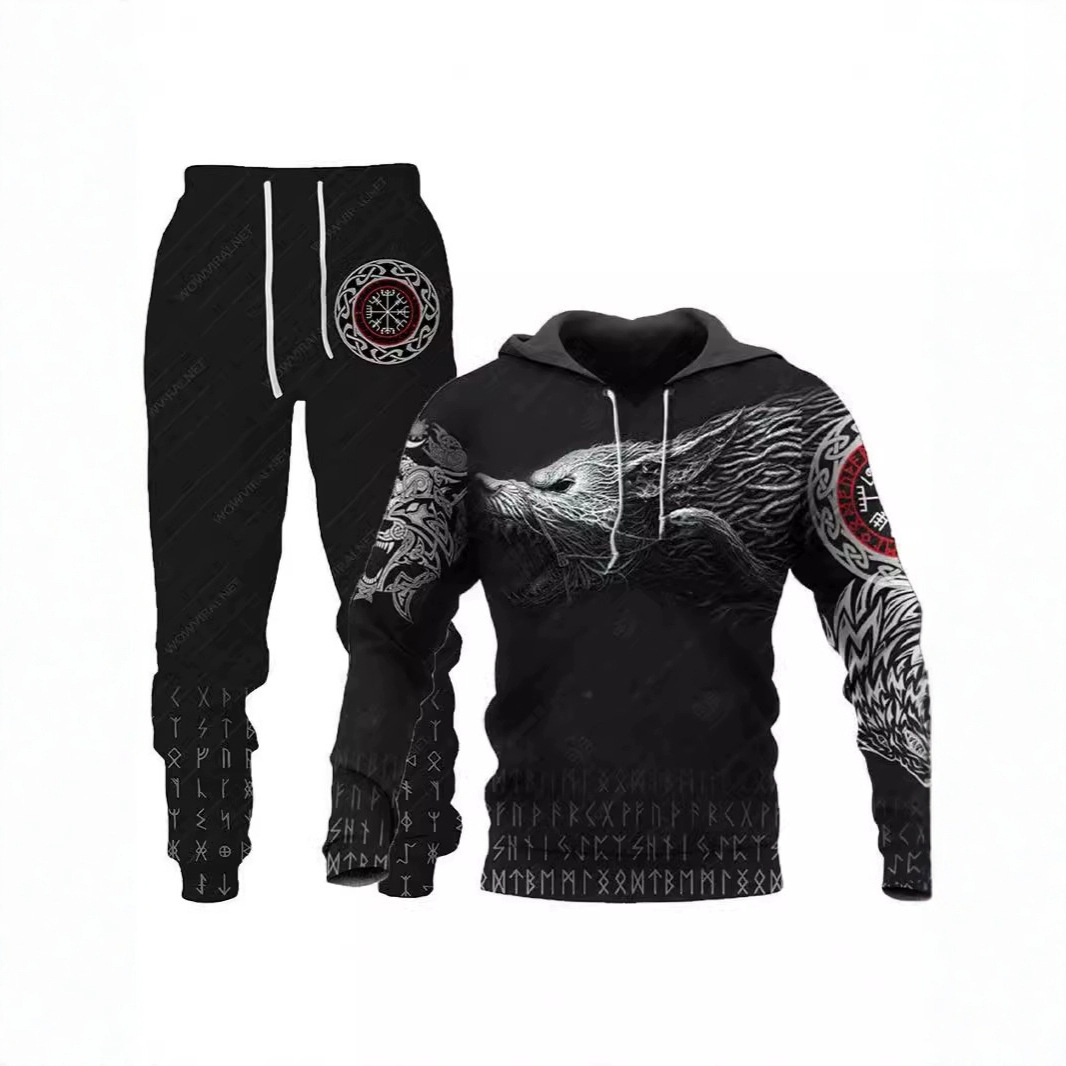 2025 cross-border new wolf 3D printed hooded vests suit spring and autumn Europe and the United States men's pullover vests factory wholesale
