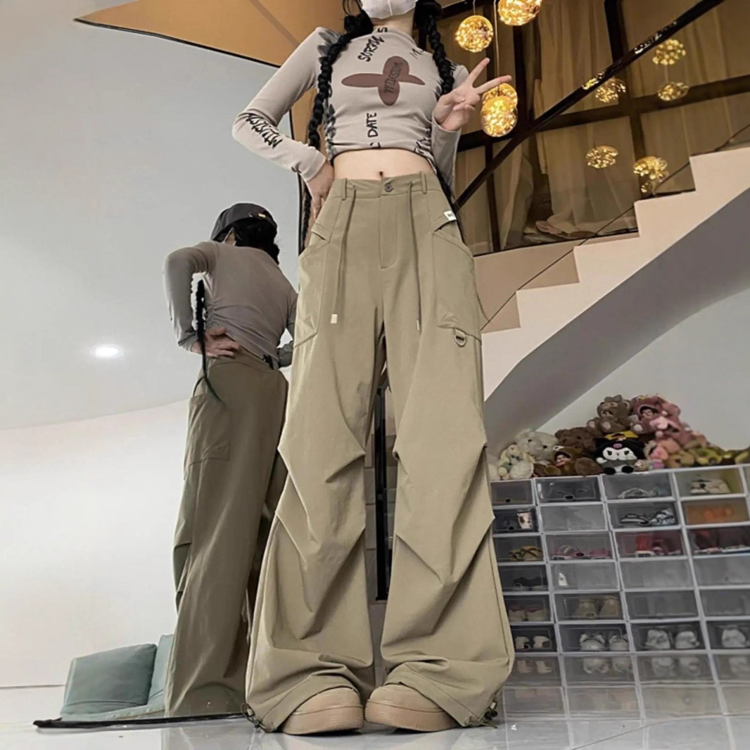 High-Waisted Loose Wide-Leg Pants Spring Women's Retro Casual American Style New Cargo Pants Slimming Straight-Leg 2024