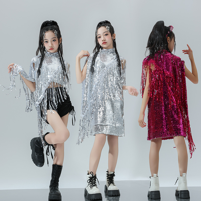 어린이 SEQUINS 재즈 댄스 공연 옷 개인화 된 술 라틴 댄스 옷 소녀 힙합 스트리트 댄스 모델 쇼 옷