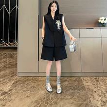 新中式两件套女复古盘扣马甲黑色高腰短裤套装宽松百搭显瘦高级感