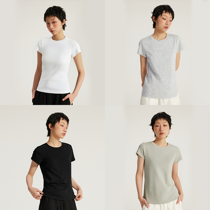 Jie Zhan Women's Clothing | 270g Elastic Tight-Fitting Navy T-Shirt Vest 2026 Spring and Summer New American Style Heavyweight Slim-Fit Short-Sleeve.