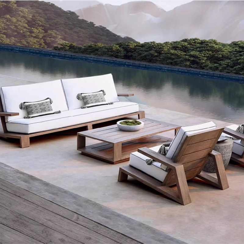 Casa al aire libre sofá patio terraza madera de teca antiguo al aire libre impermeable jardín al aire libre anticorrosión combinación de sofá ocio