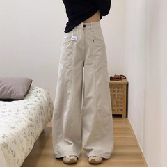 【韩牛】复古美式沙白色工装牛仔裤高腰设计新款显瘦秋季宽松阔腿