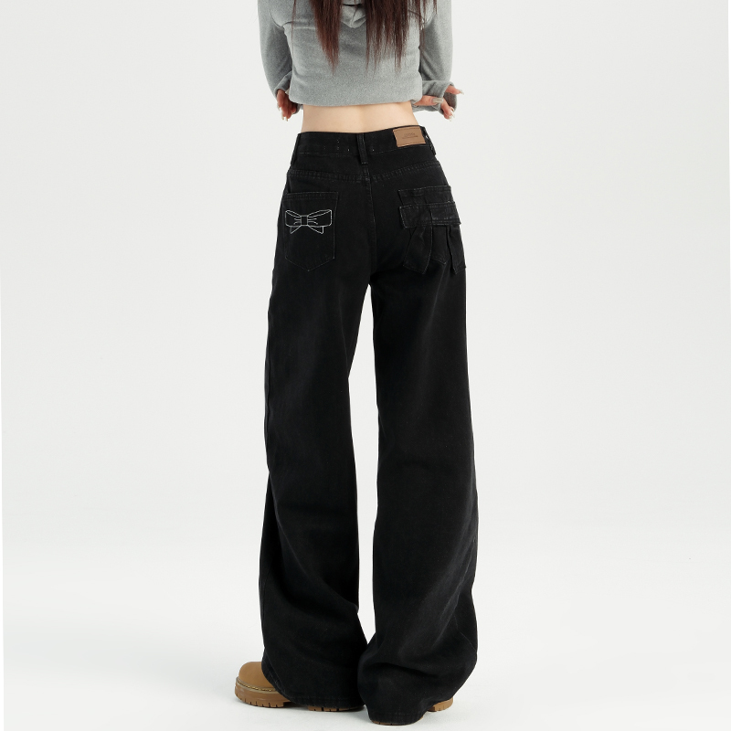 2024 Spring and Autumn Black Narrow Wide Leg Jeans Women's High Waist Loose Slim Look Bow Straight Pants