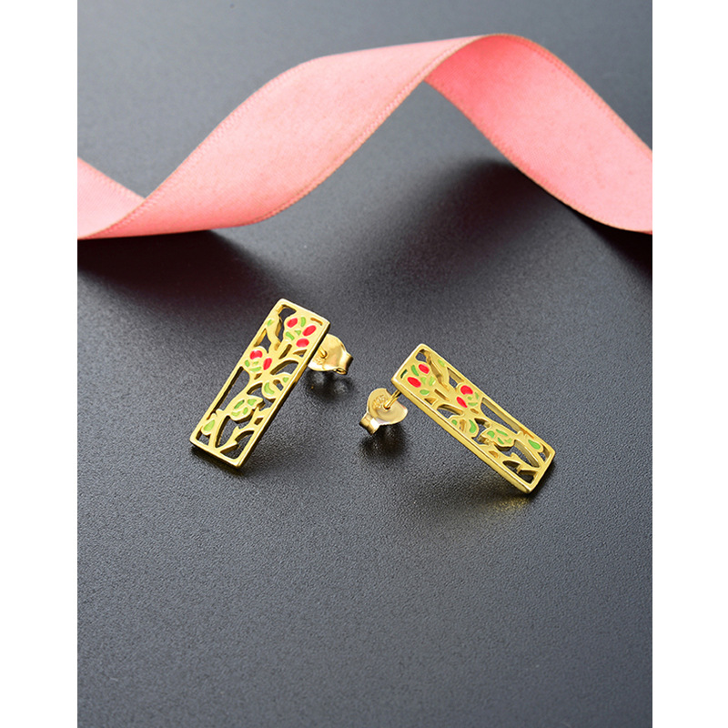 Flor rama rectangular Stud pendientes plata esterlina personalidad retro oro amarillo geométrico hueco pendientes nicho temperamento pendientes para las mujeres