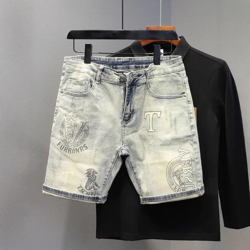 Summer New Trendy Brand Men's Denim Shorts, Washed and Distressed, Light-Colored Printed, Scratched, High Street Fashion, Five-Point Length Shorts Summer New Trendy Brand Men's Denim Shorts, Washed and Distressed, Light-Colored Printed, Scratched, High Street Fashion, Five-Point Length Shorts