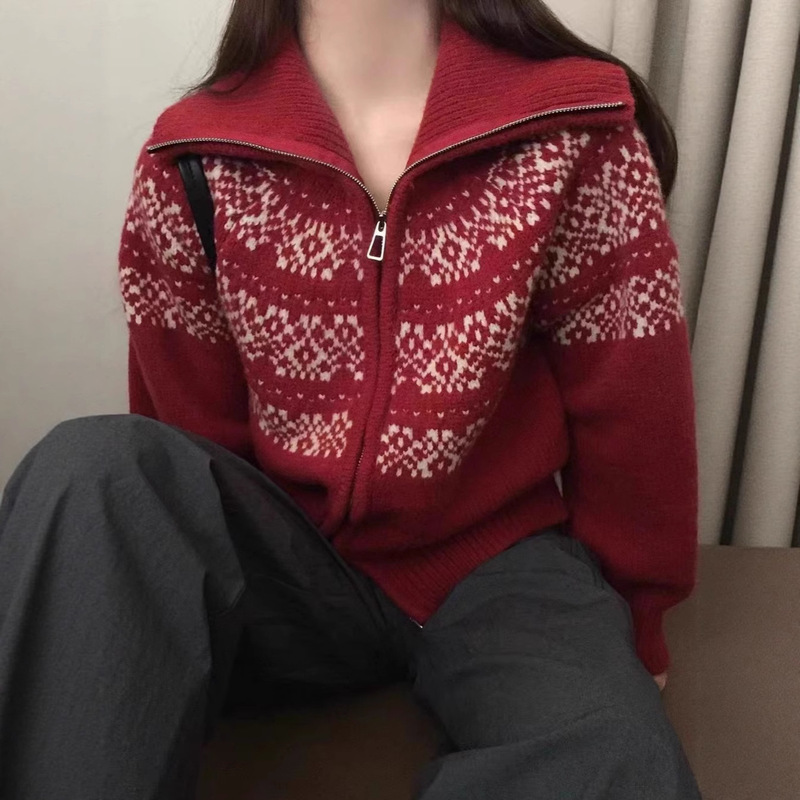 Fair Isle Jacquard Zipper Knitted Women's Cardigan 2025 Korean Style Autumn and Winter New Short Sweater Christmas Retro Jacket