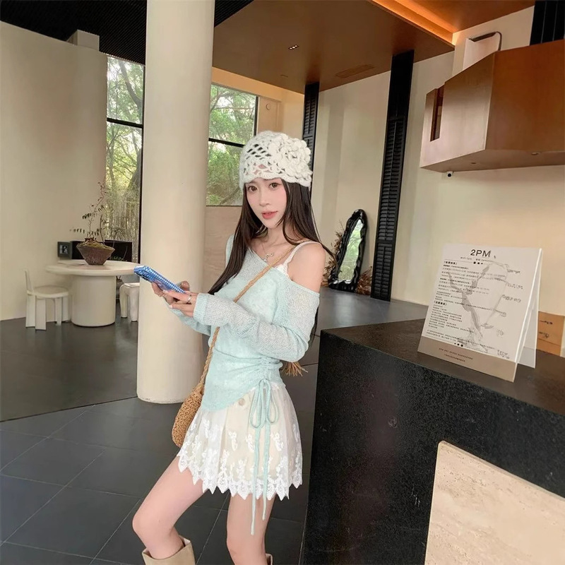 Resort Style Lace Camisole Off-Shoulder Drawstring Thin Long-Sleeved Sun Protection Blouse for Women 2025 Summer New Suit Resort Style Lace Camisole Off-Shoulder Drawstring Thin Long-Sleeved Sun Protection Blouse for Women 2025 Summer New Suit