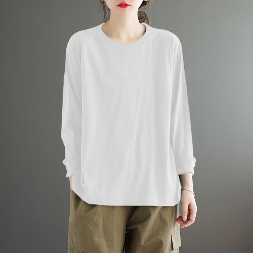 Fat MM cover the abdomen women's clothing hide meat spring and autumn season long sleeve base shirt creative single color versatile casual literary T-shirt