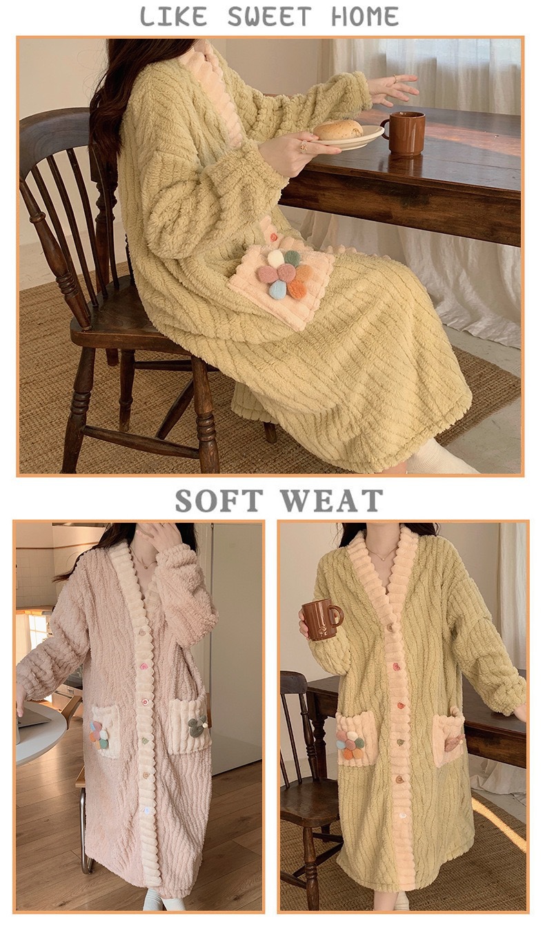 GraceChic Cardigan-Nachthemd-Set aus Flanell mit Regenbogenmuster, dick gefüttert, warm, im Feenstil, neu, mit kleinen Blumen, Winter-Homewear_voghion.com