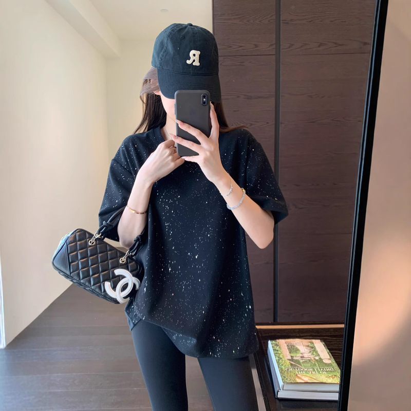 2025 Visible High-End Bling Dark Glitter Short-Sleeved Loose Slimming Look T-Shirt for Women Spring and Summer New