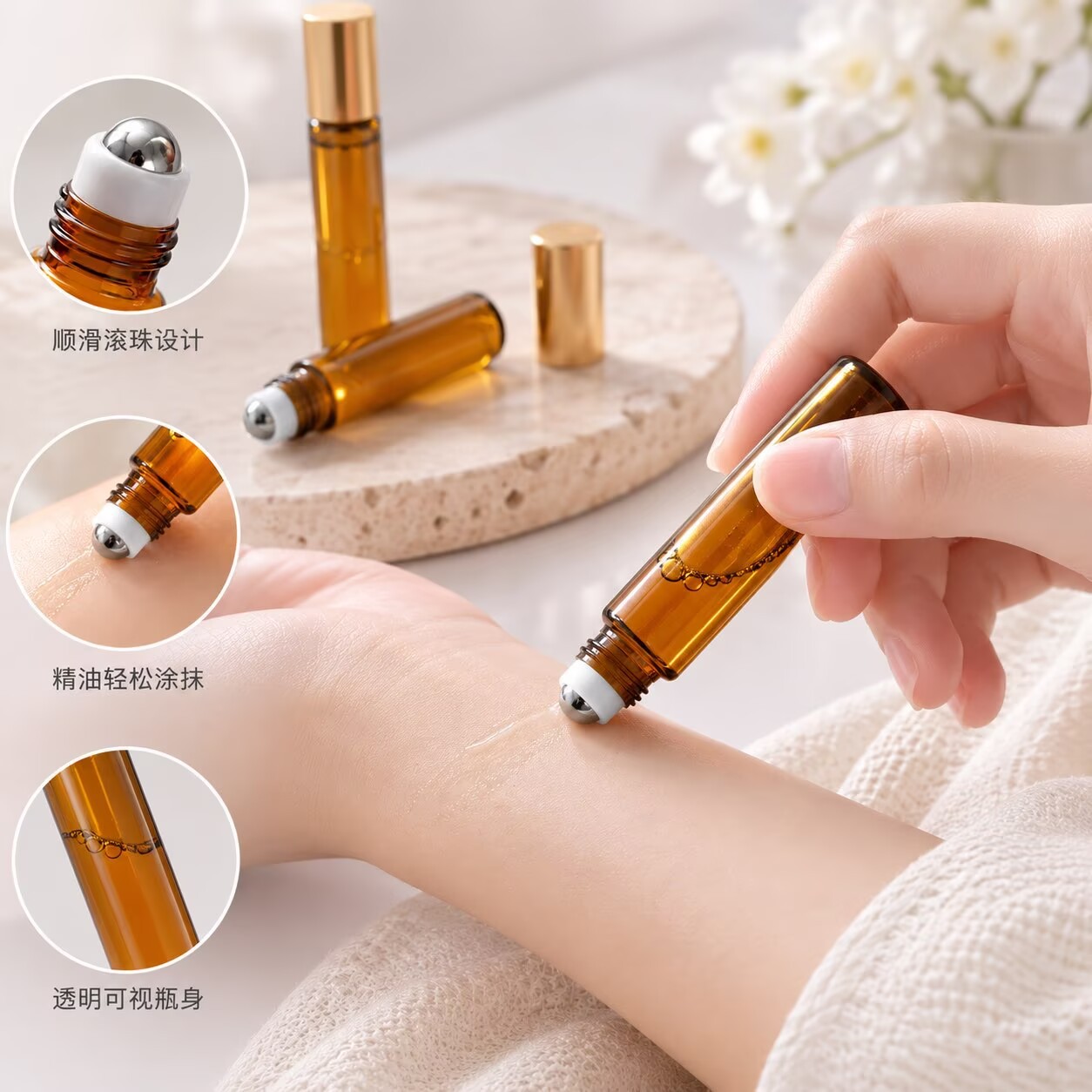 Frasco de Vidrio Roll-On para Aceites Esenciales con Sello a Prueba de Fugas para Cosméticos y Cuidado de la Piel