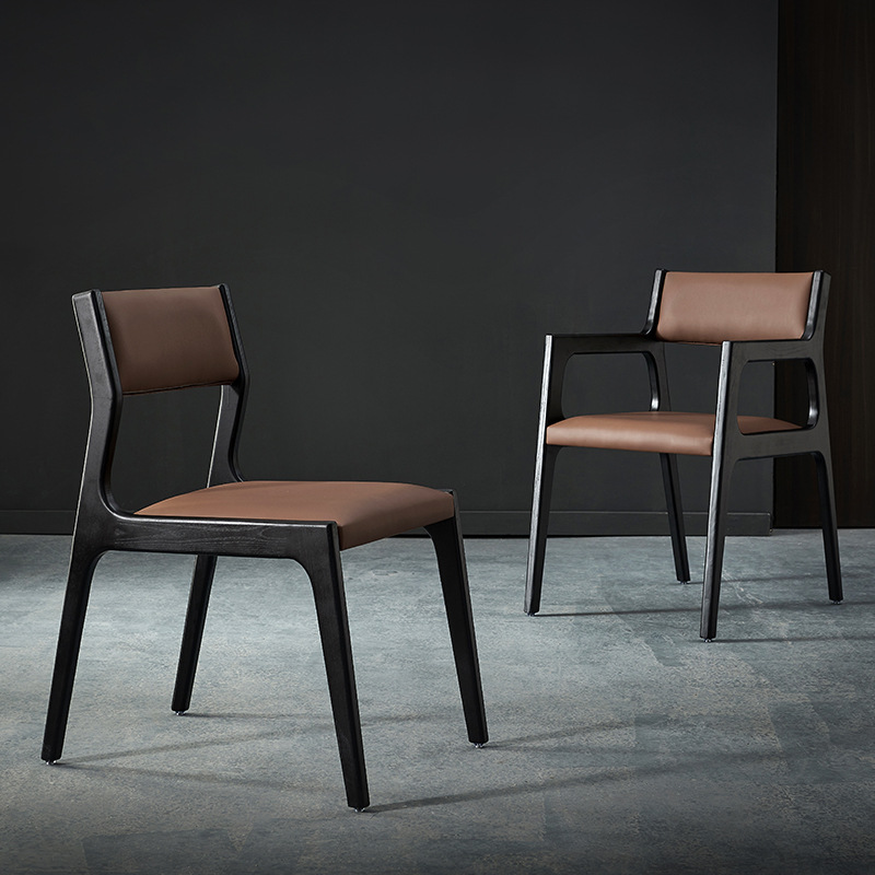Ash Leather Dining Chair Top Layer Cowhide Nordic Solid Wood Chair Armrest Modern Simple Backrest Soft Household Stool