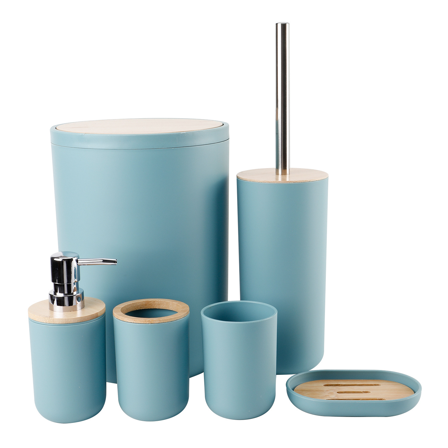 Cubierta de bambú de lavado de baño de plástico de seis piezas de la fábrica al por mayor de almacenamiento de baño estante titular de cepillo de dientes de basura puede