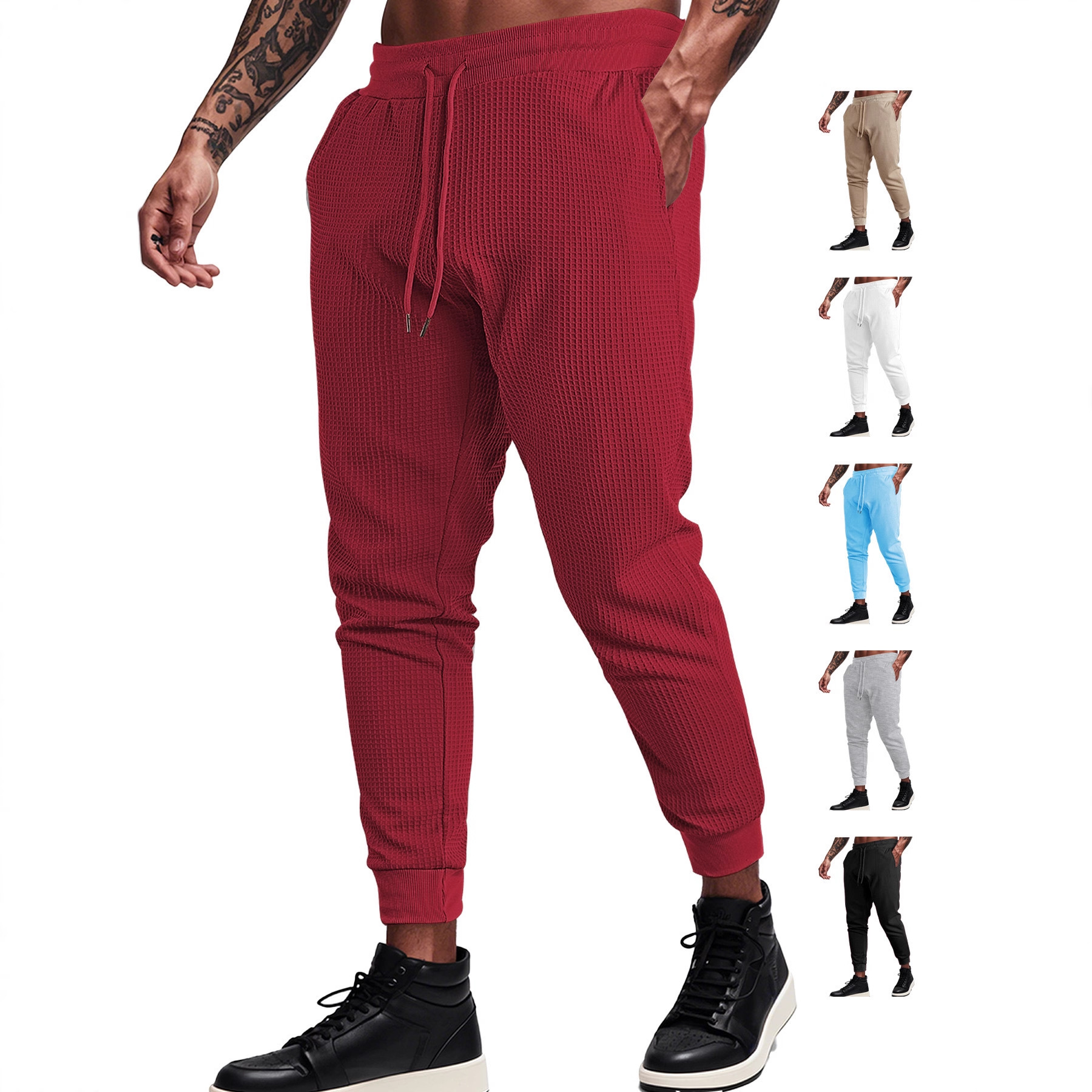 Europa y Estados Unidos ropa de hombre transfronteriza de verano deportivo relajado transpirable de color sólido waffle hombre correa pantalones casuales
