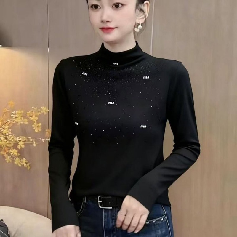 一件代发直播爆款2025秋季半高领打底衫上衣女装新款时尚烫钻长袖|undefined