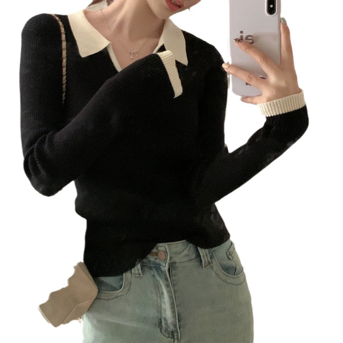 Long‑sleeve winter sweater, polo collar, slim fit, body‑friendly, one size (black/apricot)