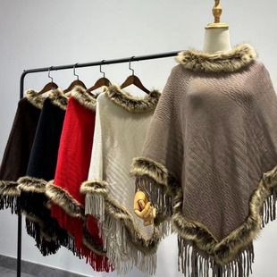 Imitation fox fur collar mid-length tassel cape shawl women's sweater coat loose-fit plus size irregular bat shirt
