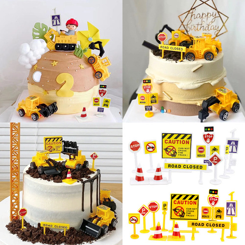 Excavator engineering road signs indicating traffic roadblocks warning signs traffic light signs children's scene cake decoration