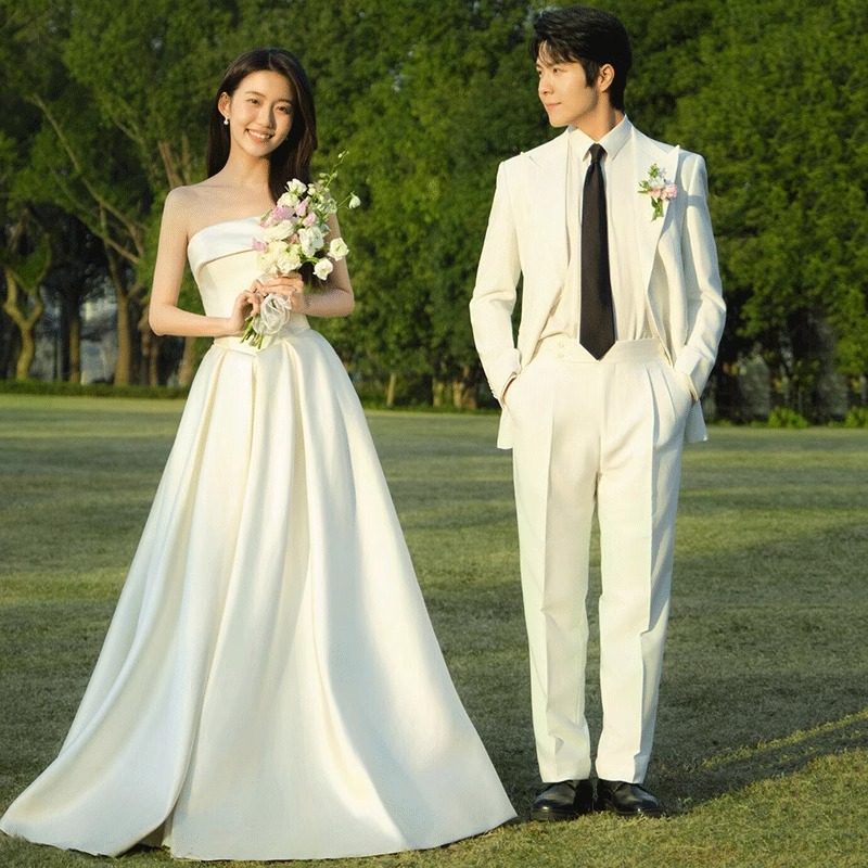 French-Style Strapless Light Wedding Dress 2026 New Model Bride Simple White Satin Floor-Length Going-Out Dress High-End Reception Gown