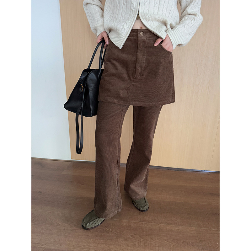 [Clearance, No Returns] Retro Design Corduroy Skirt Pants for Women, Autumn/Winter Fake Two-Piece Slightly Flared Straight Pants 5556