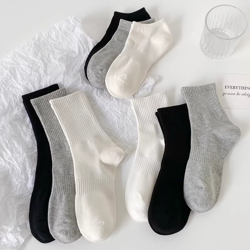 Women's Spring and Autumn Mid-Calf Socks, White Cotton Non-Pilling Long Socks, Simple Sports Short Socks, Odor-Resistant Black Summer