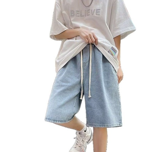 Summer Retro Stretch Waist Denim Short Shorts for Men Korean Style Trend Brand Youth Loose Straight Leg Casual Wide Leg Jeans