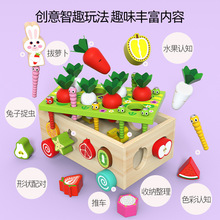 儿童木质多功能水果认知动物形状积木钓鱼萝卜配对形状智力车玩具
