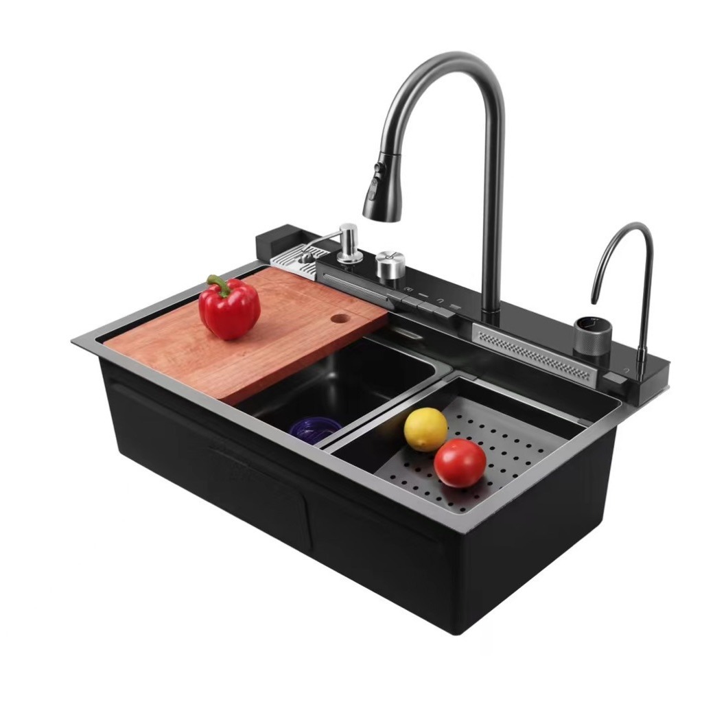 Fregadero de acero inoxidable con pantalla digital tipo piano, diseño grande y multifuncional de cocina doméstica