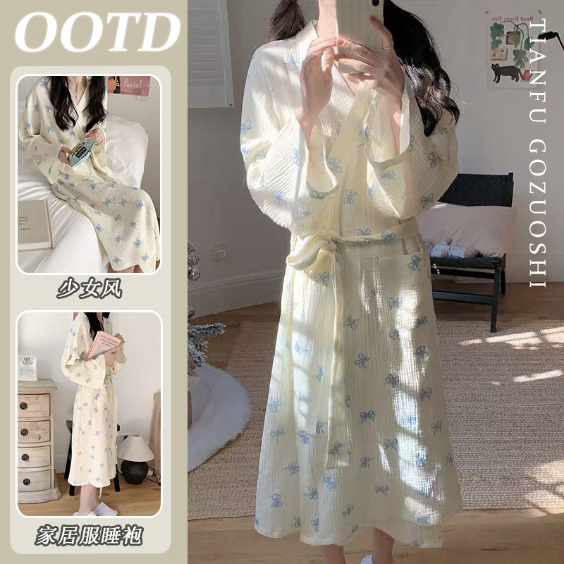 [High-Quality Imitation Cotton] Small Fresh Bow Nightgown Nightgown Women's Sweet and Cute Loose Long-Sleeved Bathrobe