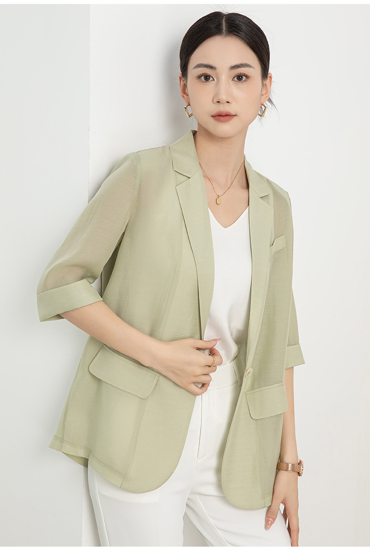 Áo blazer nữ mỏng mùa hè màu xanh lá cây dáng suông nhẹ — Màu Sâm panh chi tiết 10