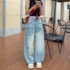 大码阔腿牛仔裤女2025新款高腰直筒裤胖mm显瘦设计宽松美式弯刀裤