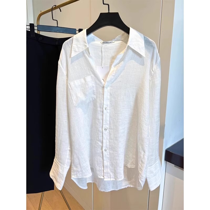 French White Cotton and Linen Sun Protection Shirt for Women Summer Thin Design Niche Long-Sleeved Shirt Tencel Linen Top