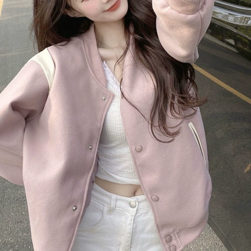 Уменьшение возраста розовый бейсбольный костюм женская весна и осень 2025 дикие новые пальто повседневные свободные топы
