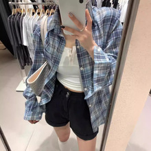 70%棉质【现货】美式格子长袖衬衫女春秋冬休闲bm深蓝色衬衣外套
