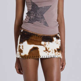 复古y2k辣妹千禧年古早奶牛纹马海毛绑带修身低腰包臀短裙