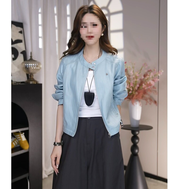 Summer New Style Loose-Fitting Slimming Versatile Stand-Collar Sun-Protective Short Jacket for Women, Long-Sleeve Thin Jacket in Yellow and Light Blue