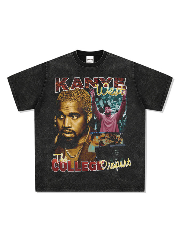 Retro Hip-Hop Kanye West Printed High Street Short-Sleeved T-Shirt Vintage Washed Heavy Loose Top