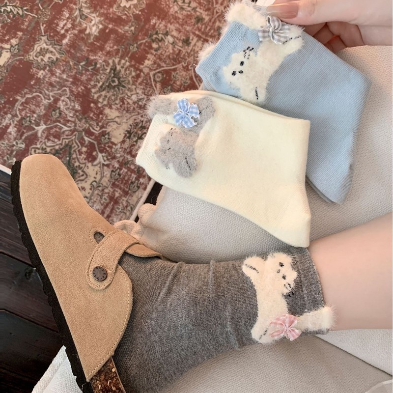 秋冬可爱卡通立体毛绒小猫中筒女袜韩版甜美少女格子蝴蝶结堆堆袜|undefined