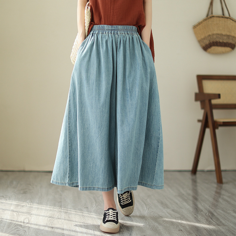 Casual Denim Skort for Women, Plus Size, 2023 Summer New Style, Elastic Waist, Thin Cropped Wide-Leg Pants