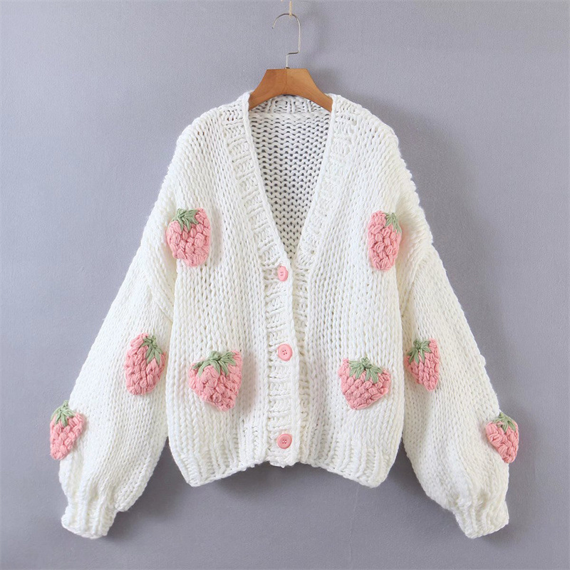 Factory Outlet Foreign Trade Europe and America New Coarse Mauhair Knitted Cardigan Sweater Women's V-neck Lantern Sleeve Strawberry Jacket