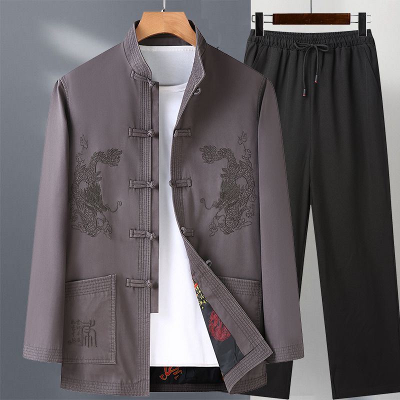 Spring and Autumn Grandpa Tang Suit Men's Jacket Middle-aged and Elderly Two-Piece Set Chinese Style Spring Elderly Clothes Dad's Outerwear